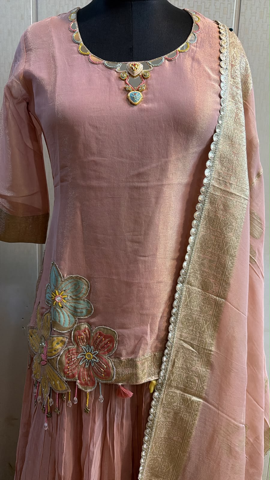 Peach Pink Floral Embroidered Anarkali Suit with Dupatta