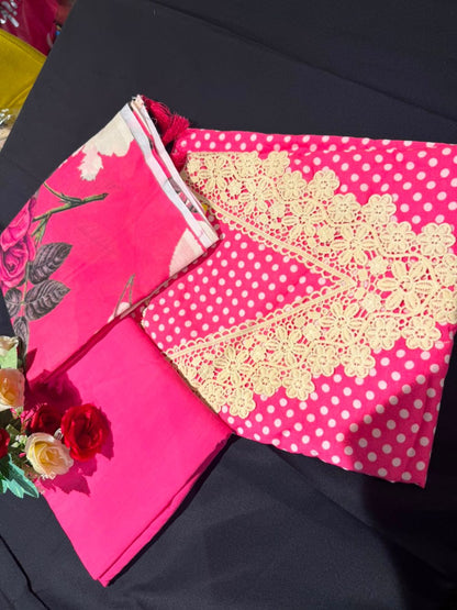 Pink Polka Dot Unstitched Suit Set with Floral Printed Dupatta