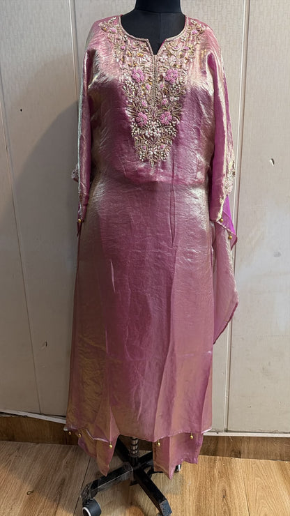 Rose Pink Metallic Embroidered Kurta Pant Set with Dupatta