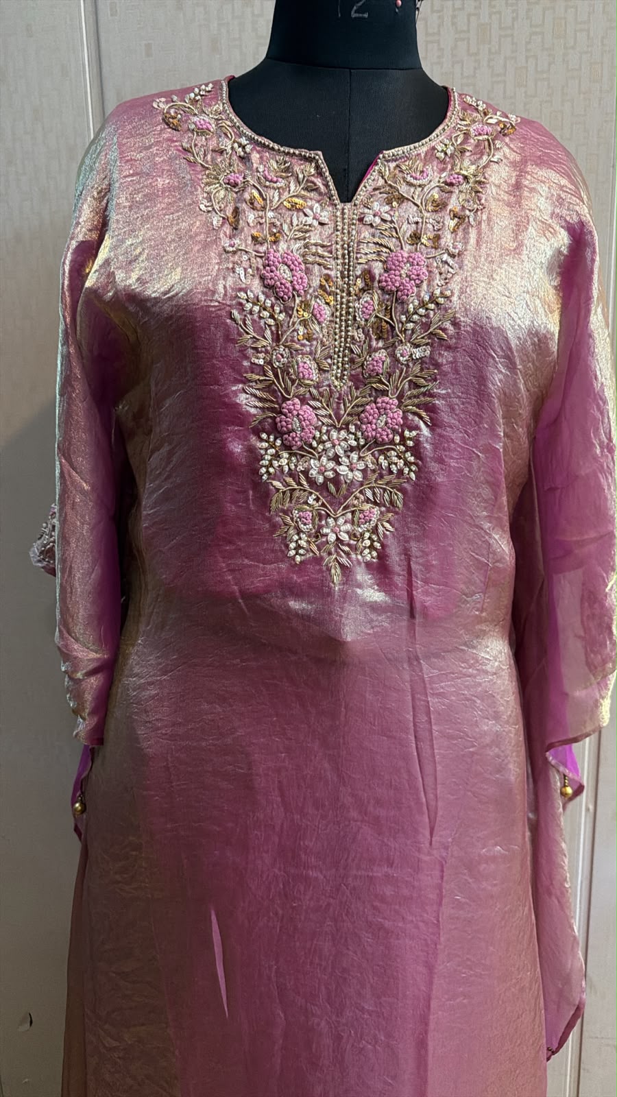 Rose Pink Metallic Embroidered Kurta Pant Set with Dupatta