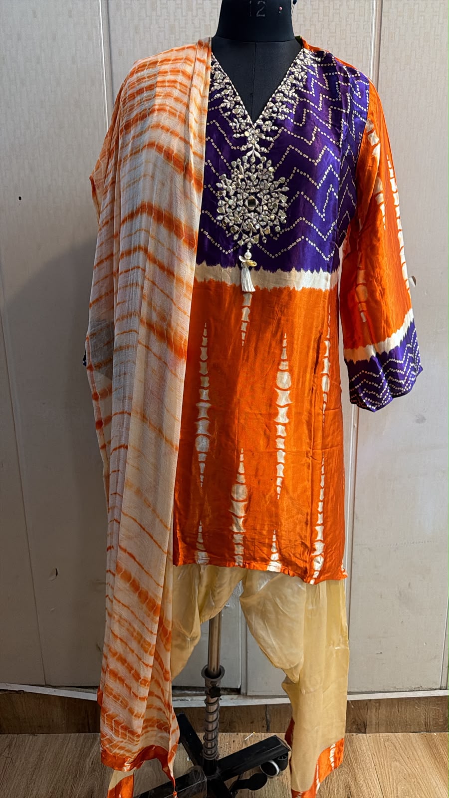 Orange Purple Bandhani Print Kurta Pant Set with Dupatta