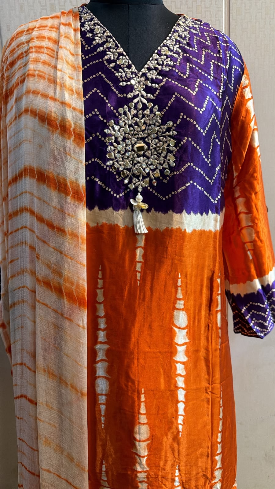 Orange Purple Bandhani Print Kurta Pant Set with Dupatta