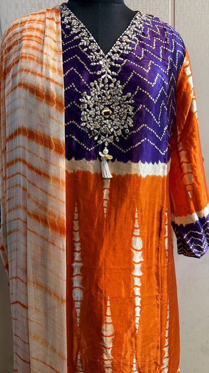 Orange Purple Bandhani Print Kurta Pant Set with Dupatta