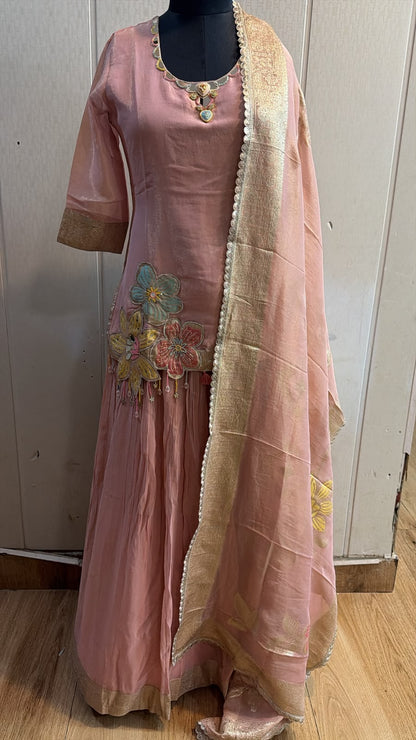 Peach Pink Floral Embroidered Anarkali Suit with Dupatta