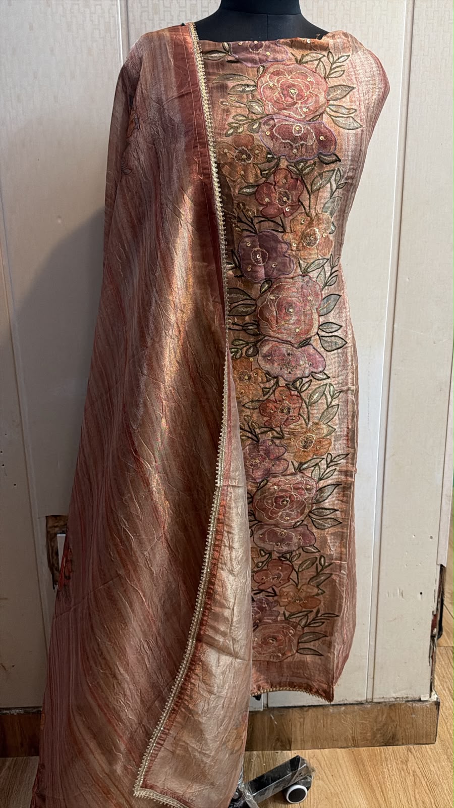Rose Gold Floral Embroidered Suit with Dupatta