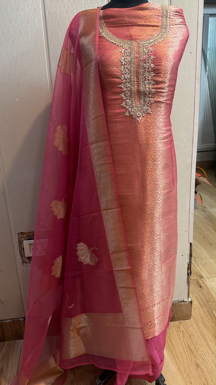 Rani Pink Brocade Kurta Pant Set with Dupatta