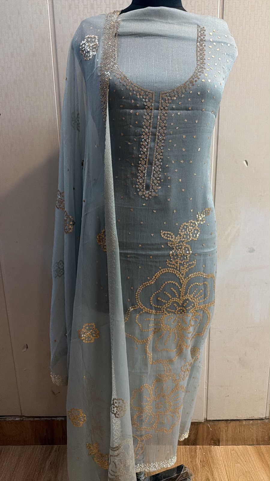 Powder Blue Gold Embroidered Kurta Set with Dupatta