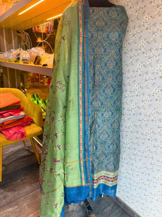 Chikankari Embroidered Unstitched Suit Set on Mul Chanderi
