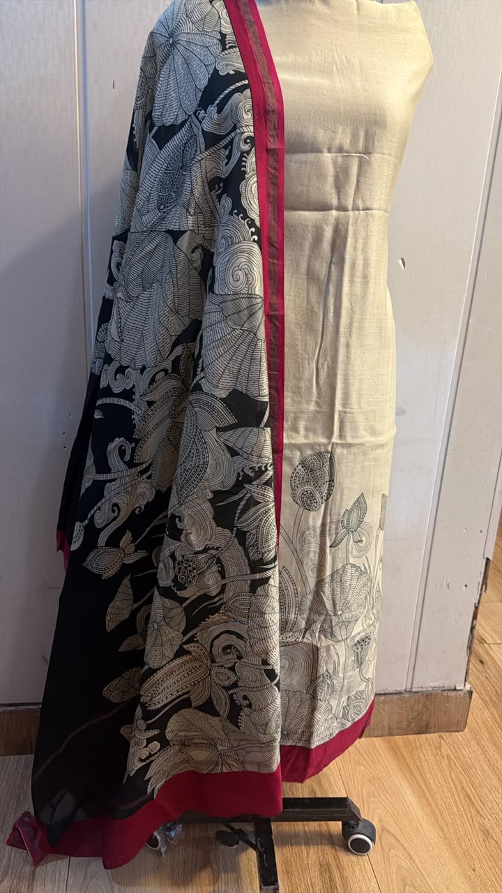 Elegant Black & Ivory Printed Suit Set with Contrast Wine Border Dupatta