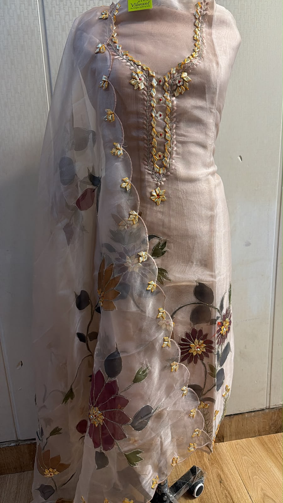 Taupe Grey Rose Embroidered Suit with Dupatta