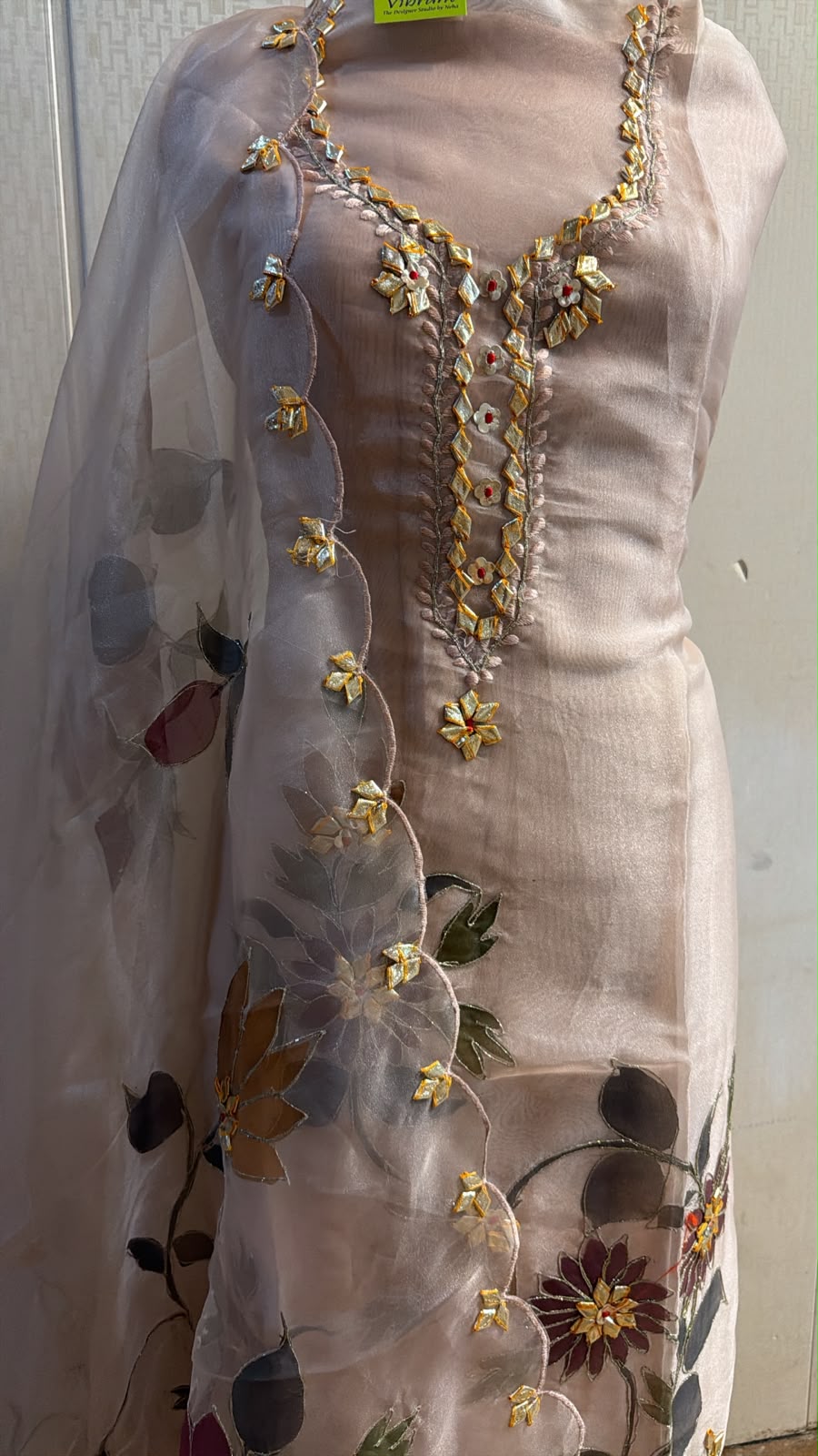 Taupe Grey Rose Embroidered Suit with Dupatta