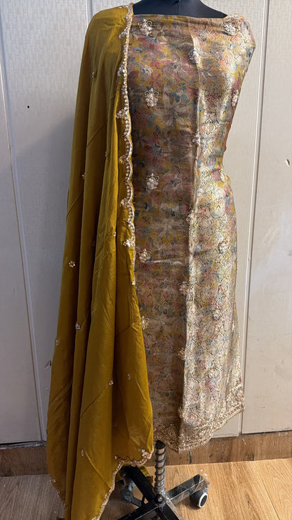 Champagne Beige Embroidered Suit with Olive Dupatta