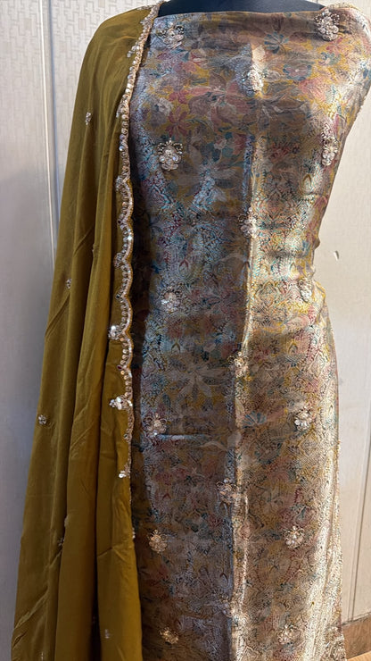 Champagne Beige Embroidered Suit with Olive Dupatta