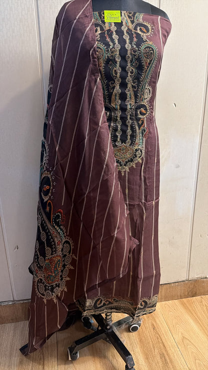 Mauve Wine Paisley Embroidered Suit with Printed Dupatta