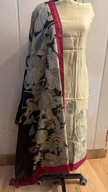 Elegant Black & Ivory Printed Suit Set with Contrast Wine Border Dupatta