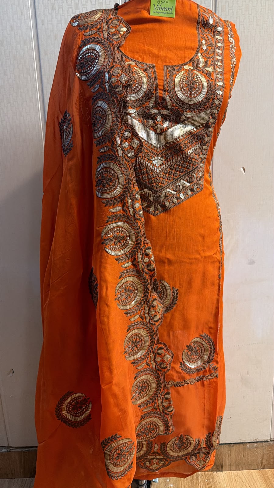 Bright Orange Paisley Embroidered Suit with Dupatta