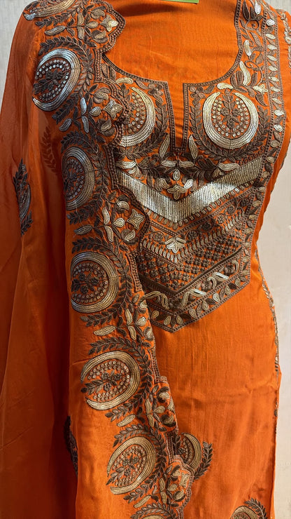 Bright Orange Paisley Embroidered Suit with Dupatta