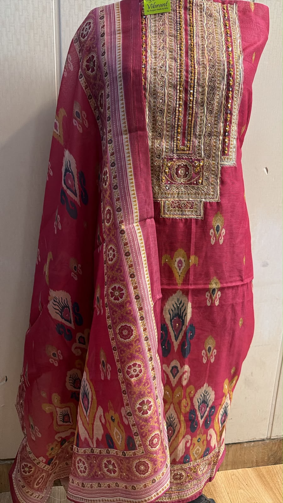 Rani Pink Printed Embroidered Suit with Dupatta