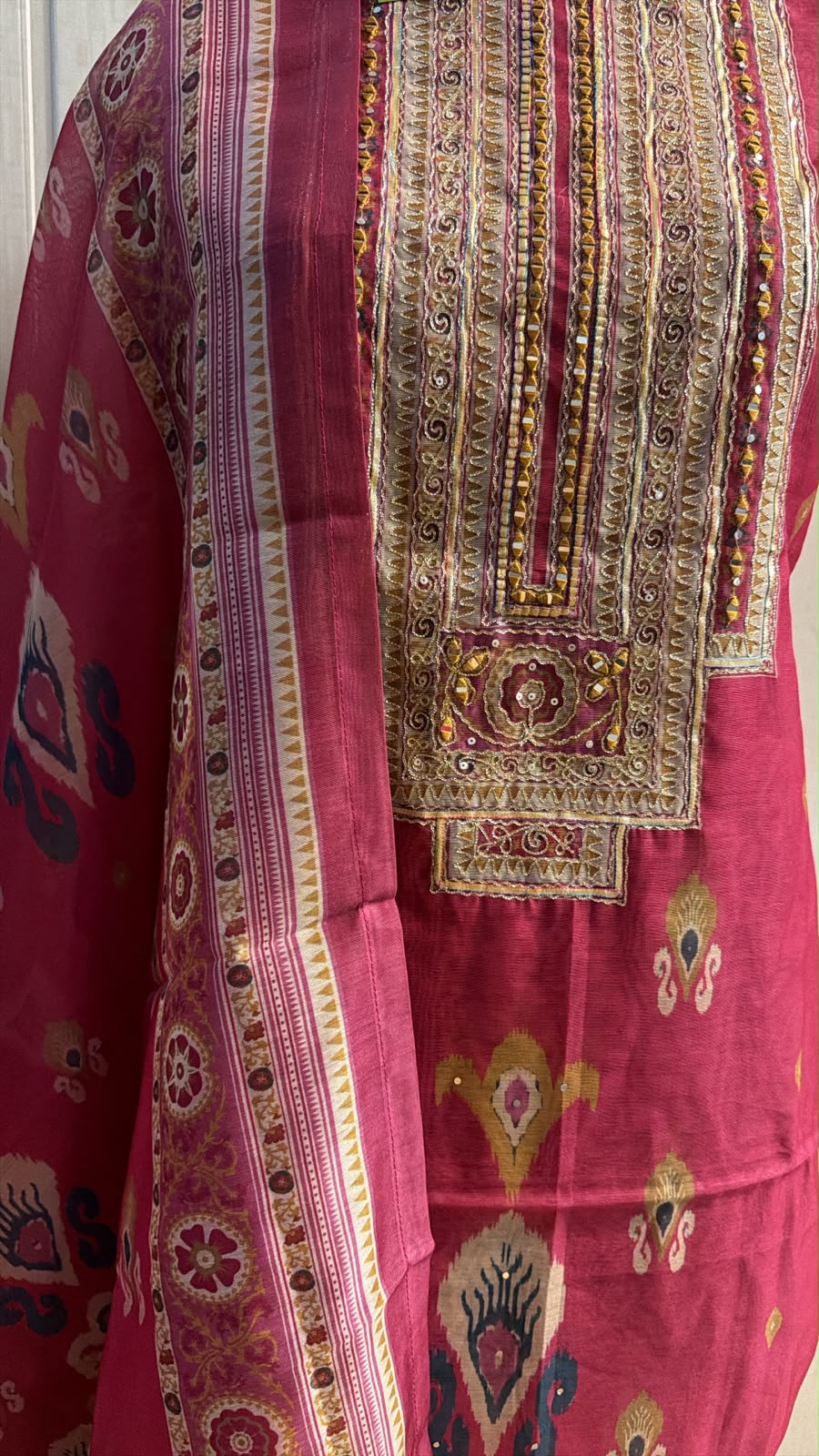 Rani Pink Printed Embroidered Suit with Dupatta