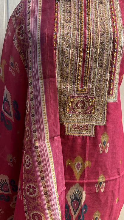 Rani Pink Printed Embroidered Suit with Dupatta