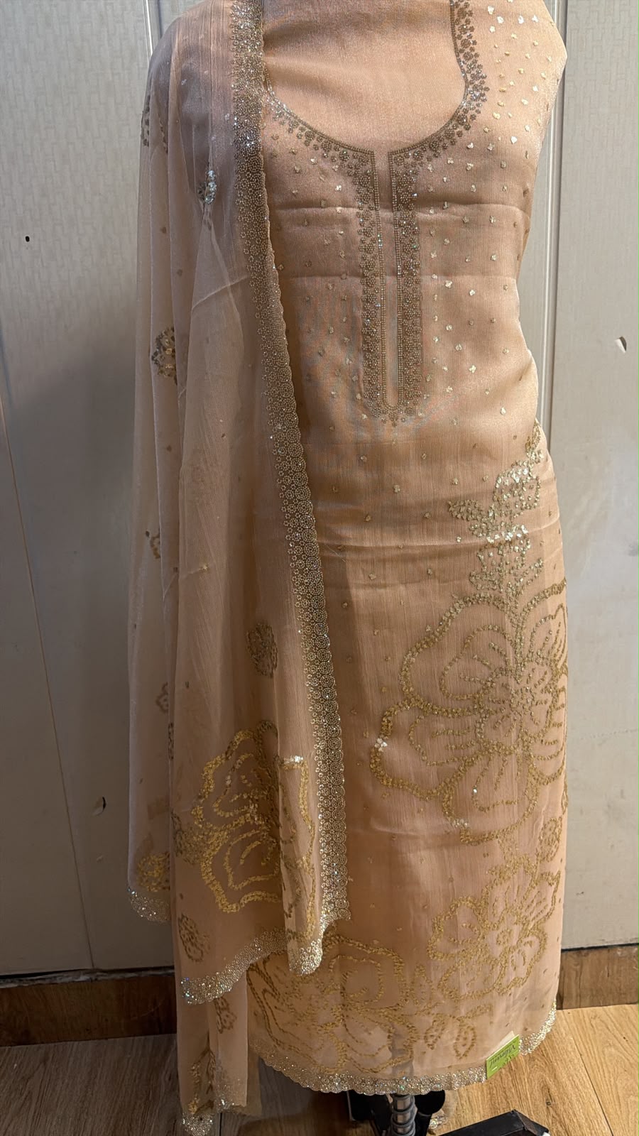 Champagne Beige Sequin Embroidered Suit with Organza Dupatta