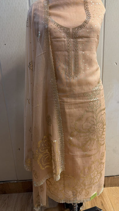 Champagne Beige Sequin Embroidered Suit with Organza Dupatta