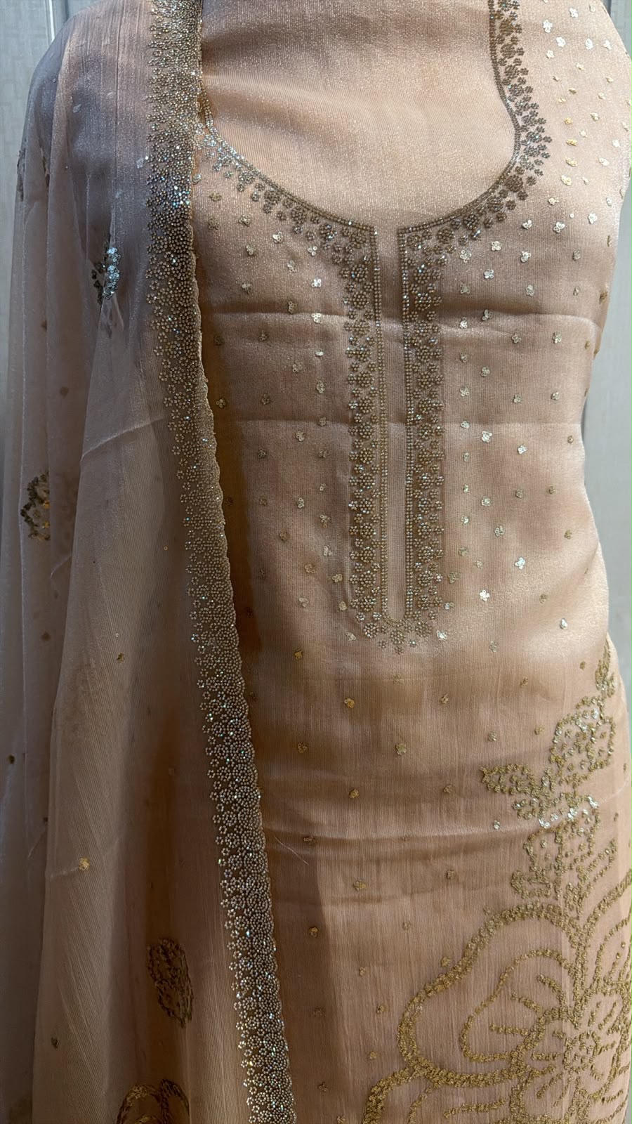 Champagne Beige Sequin Embroidered Suit with Organza Dupatta