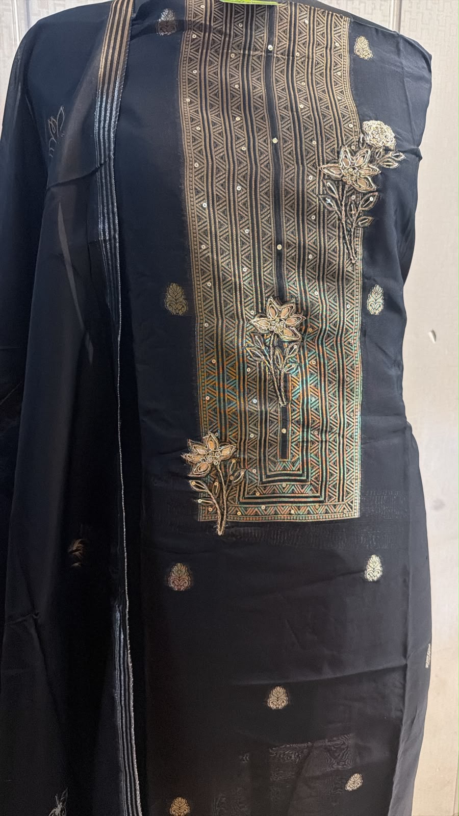 Black Embroidered Suit with Gold Floral Detailing
