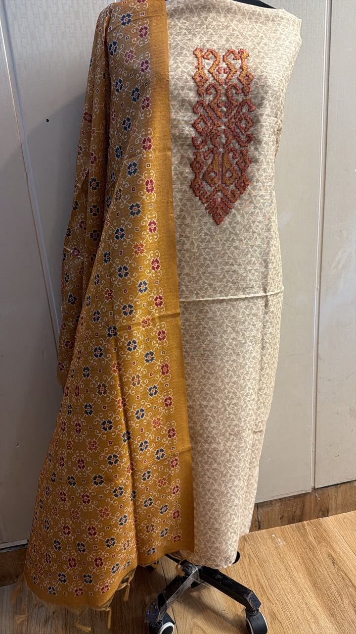 Beige Gold Printed Embroidered Suit with Mustard Dupatta
