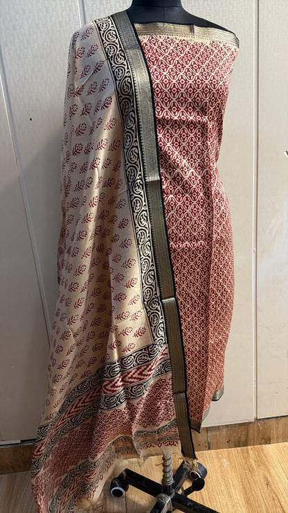 Red White Printed Suit with Black Gold Border Dupatta