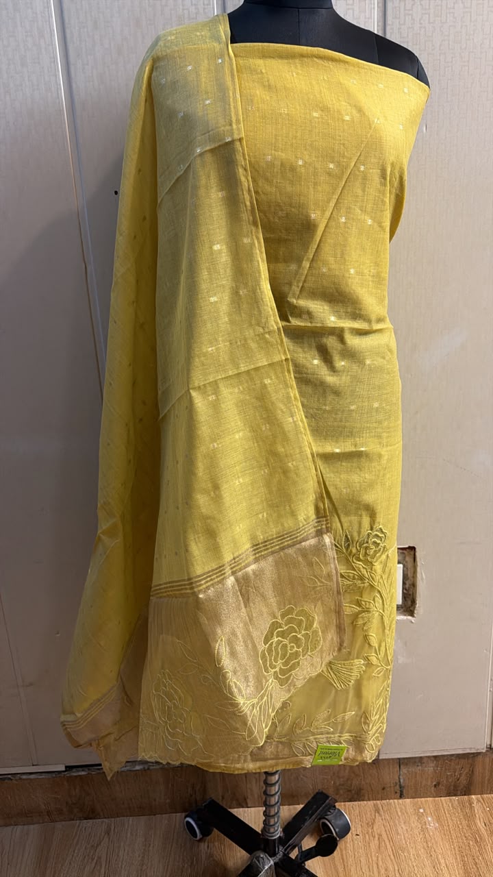 Yellow Gold Embroidered Suit with Floral Border Dupatta