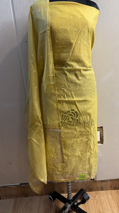 Yellow Gold Embroidered Suit with Floral Border Dupatta