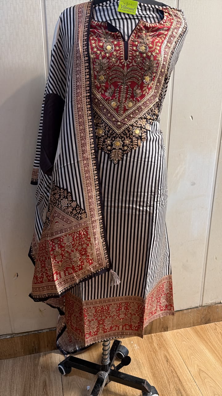 Black White Striped Embroidered Kurta Set with Red Dupatta