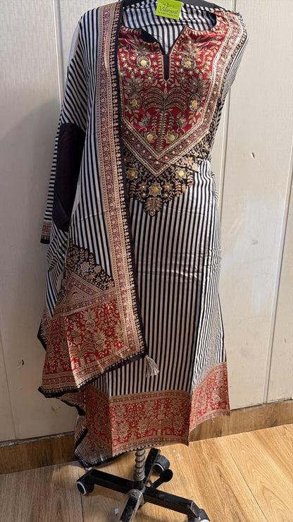 Black White Striped Embroidered Kurta Set with Red Dupatta