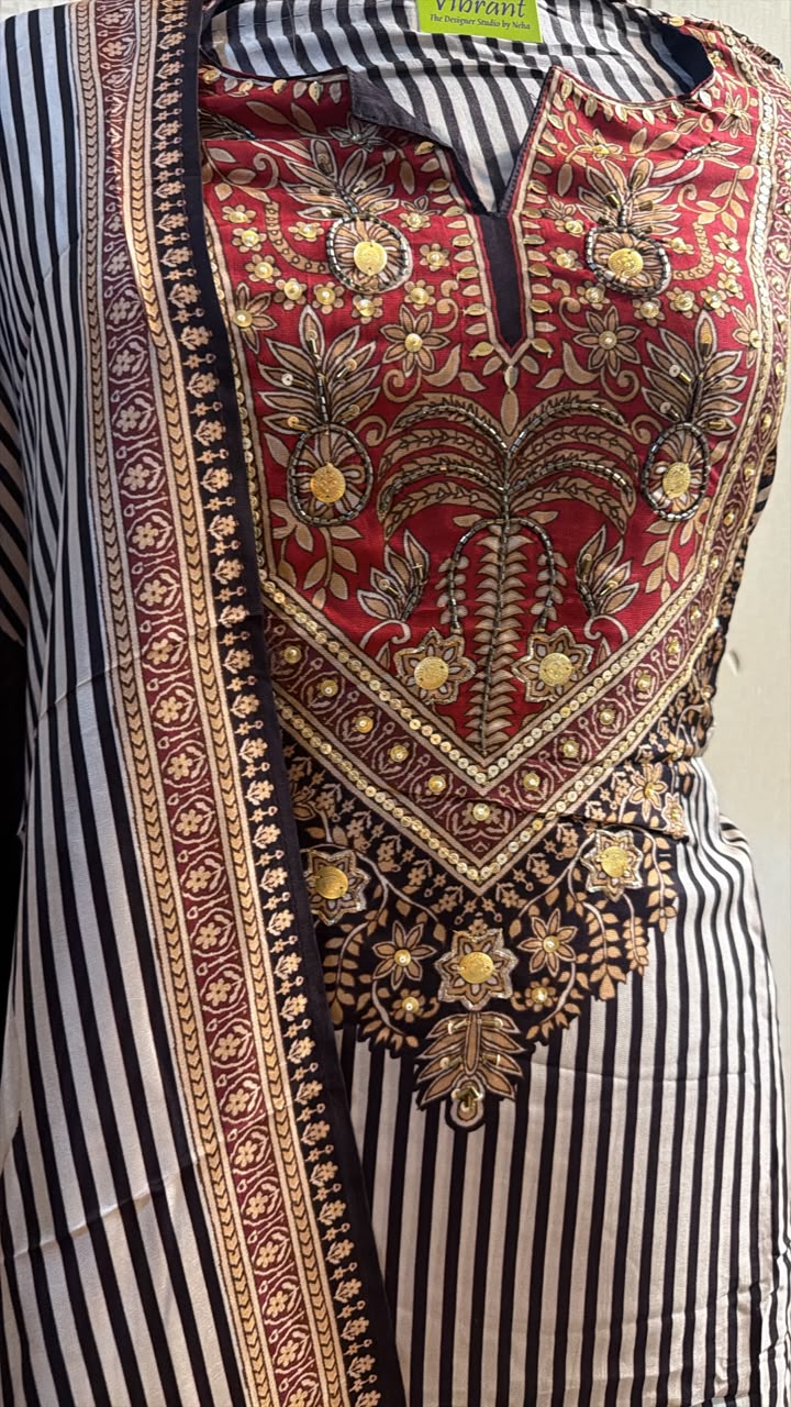 Black White Striped Embroidered Kurta Set with Red Dupatta