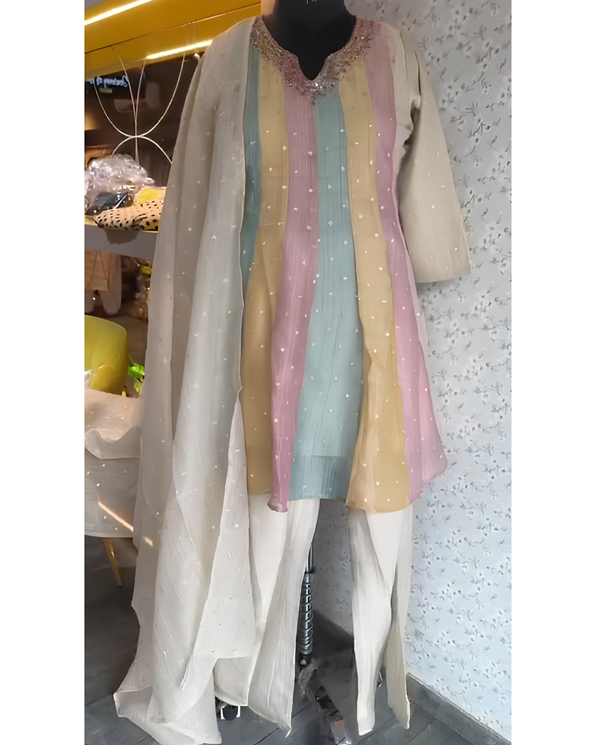 Pastel Multicolour Crush Tissue Hand Embroidered Suit Set