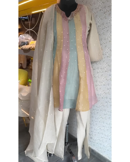 Pastel Multicolour Crush Tissue Hand Embroidered Suit Set