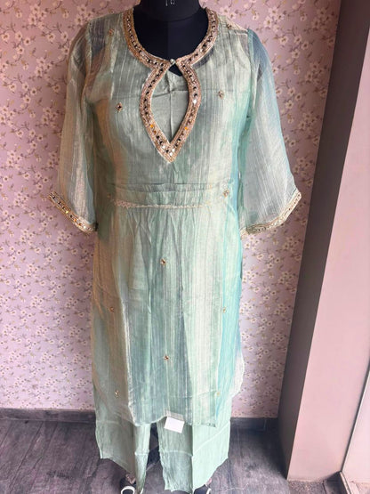 Green Crush Tissue Co-ord Set with Embroidered Neckline