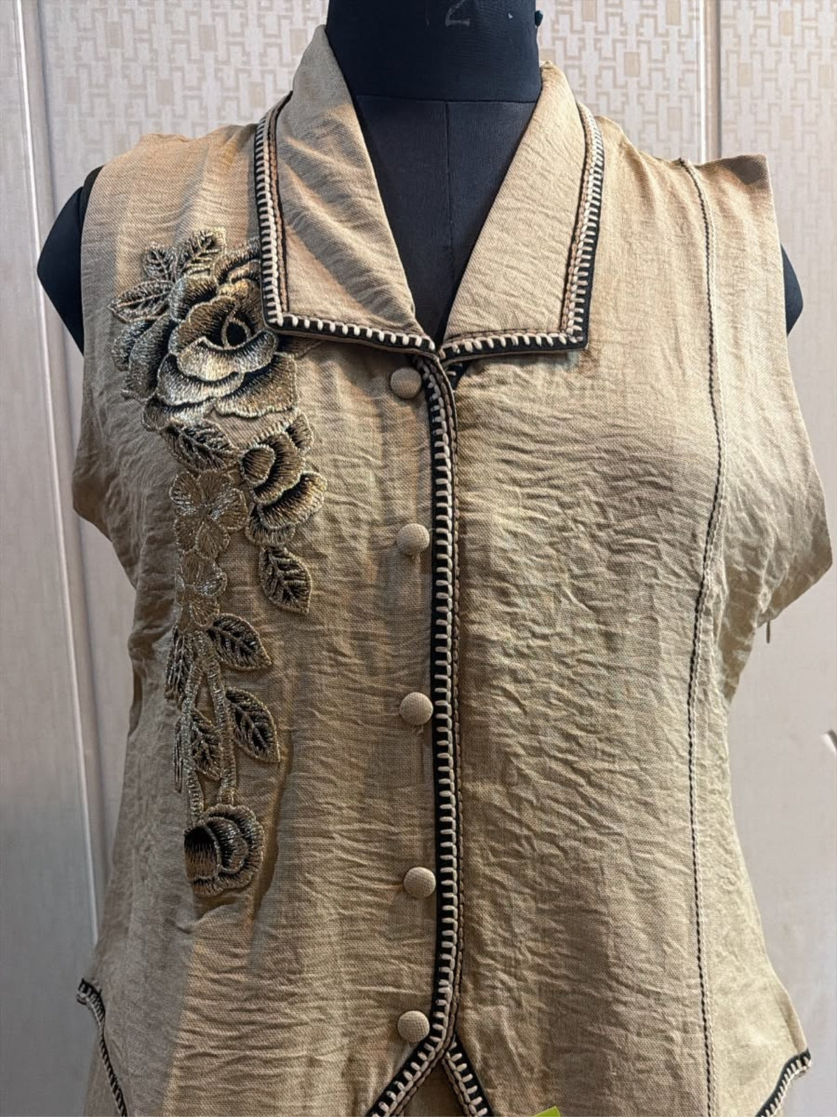 Elegant Beige Cotton Embroidered Jacket Style Suit Set