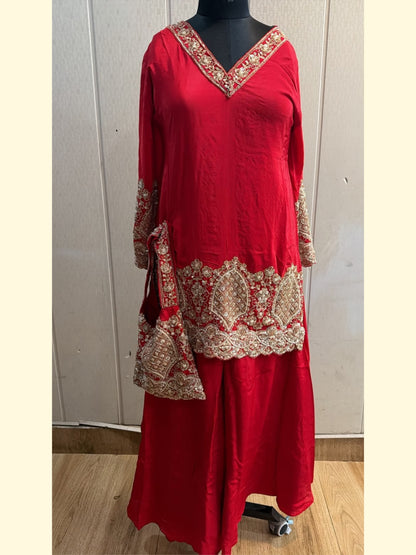 Ruby Red Zari Embroidered Festive Kurta Sharara Set (Febric pure crepe)