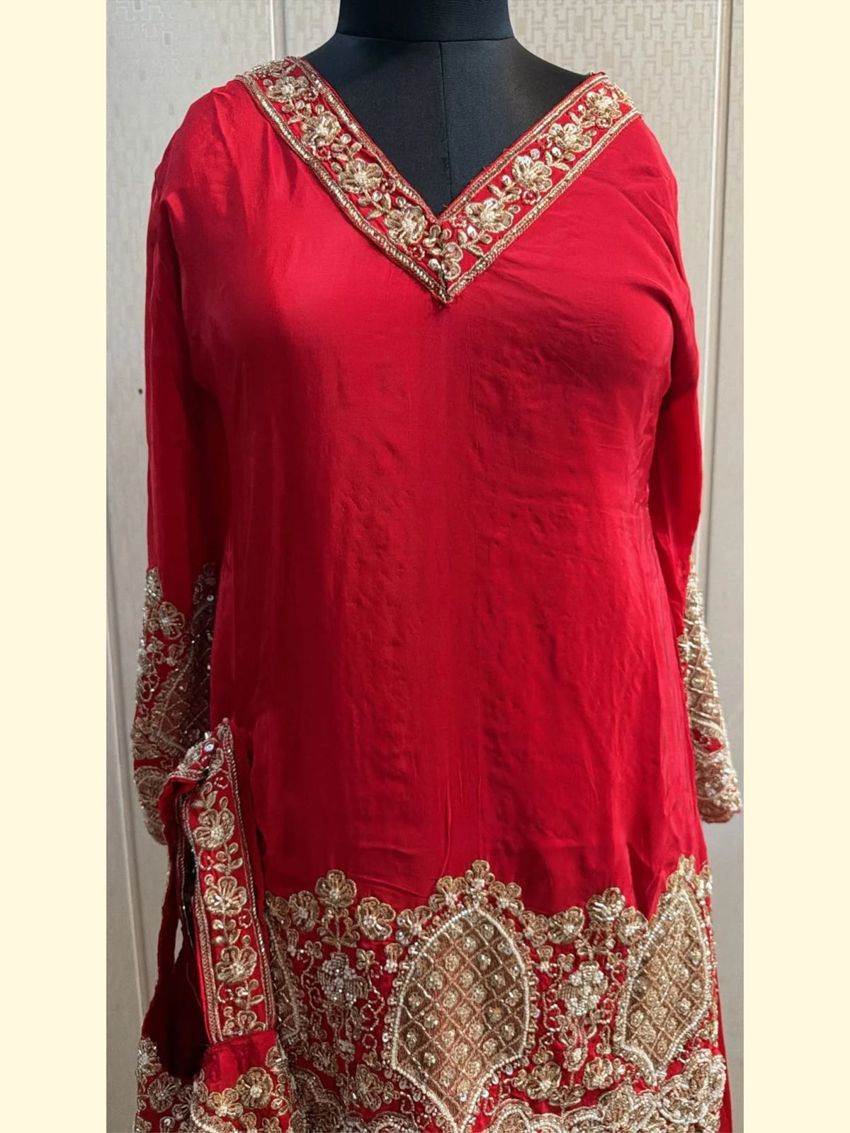 Ruby Red Zari Embroidered Festive Kurta Sharara Set (Febric pure crepe)