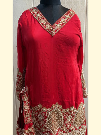 Ruby Red Zari Embroidered Festive Kurta Sharara Set (Febric pure crepe)