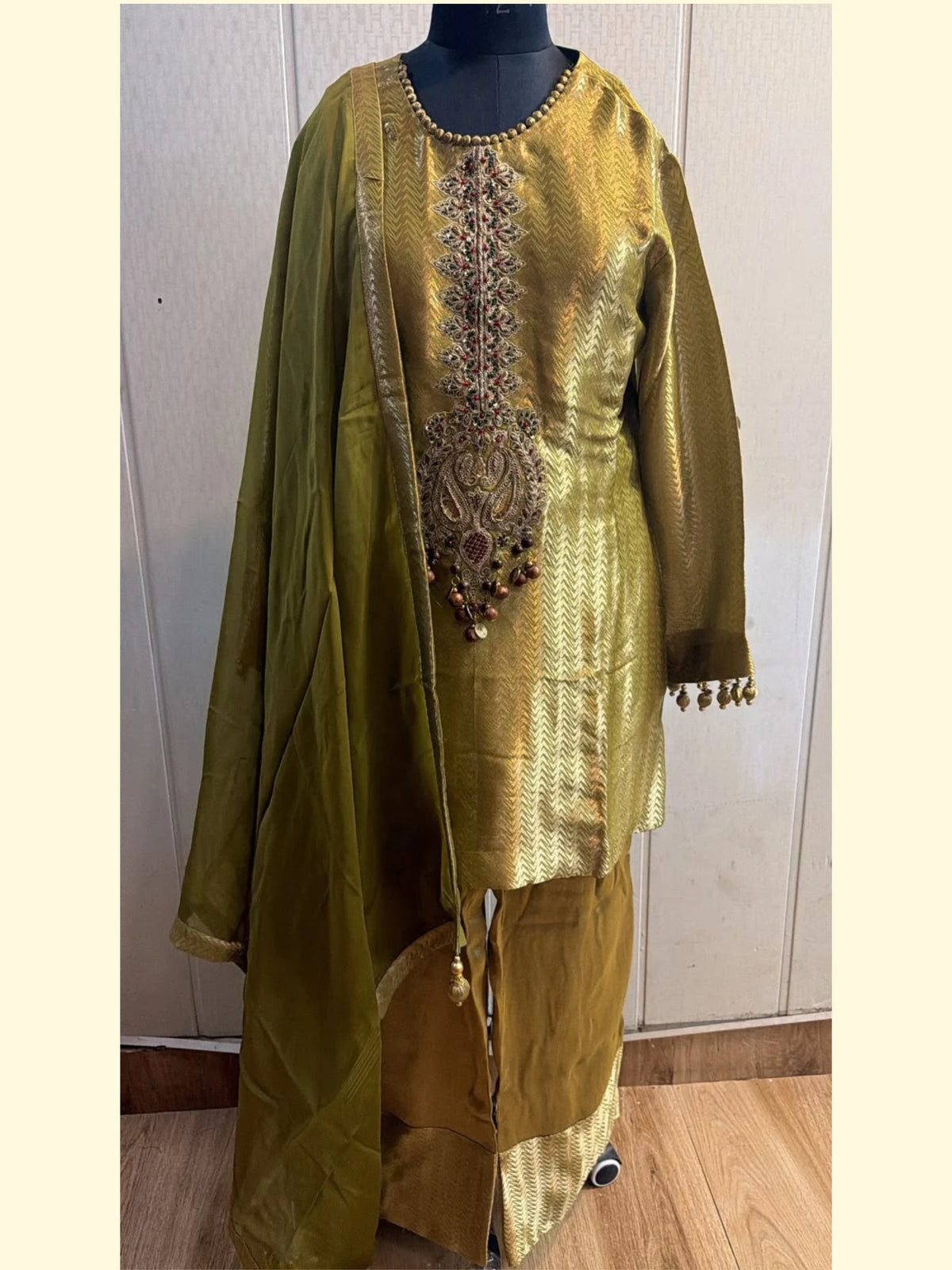 Olive Gold Jacquard Embroidered Kurta Pant Set with Dupatta