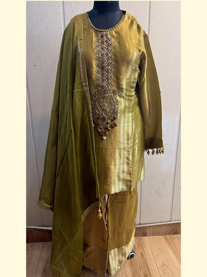 Olive Gold Jacquard Embroidered Kurta Pant Set with Dupatta