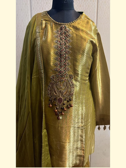 Olive Gold Jacquard Embroidered Kurta Pant Set with Dupatta