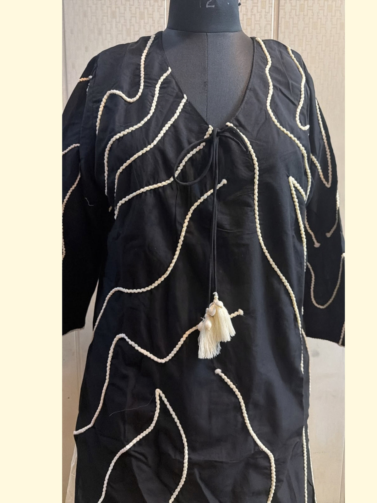 Black Pearl Piping Embroidered Kurta with Wide Leg Pants
