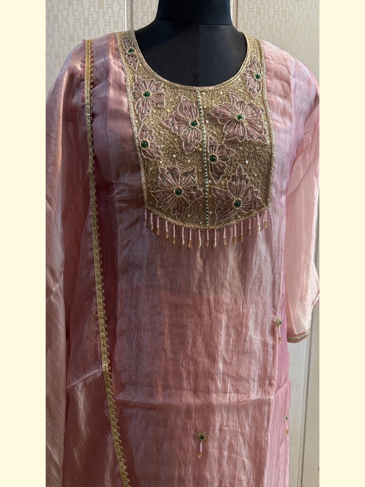 Blush Pink Metallic Embroidered Kurta Pant Set with Dupatta