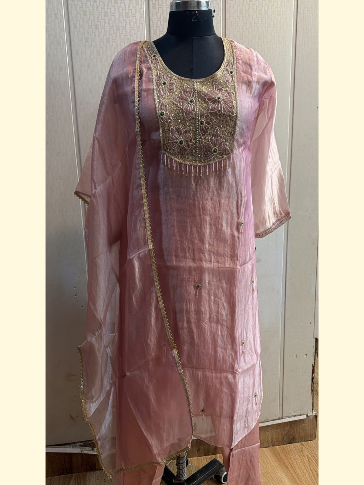 Blush Pink Metallic Embroidered Kurta Pant Set with Dupatta