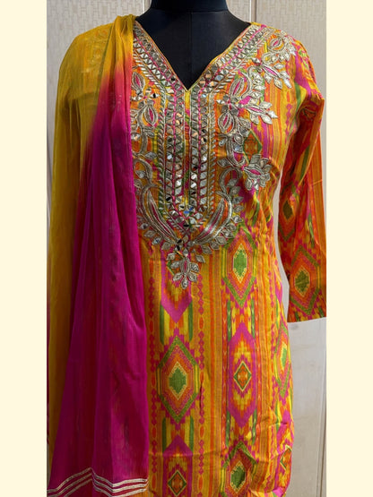 Multicolor Printed Embroidered Kurta Pant Set with Dupatta