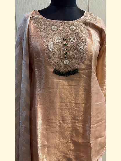 Champagne Gold Brocade Kurta with Pleated Palazzo and Dupatta